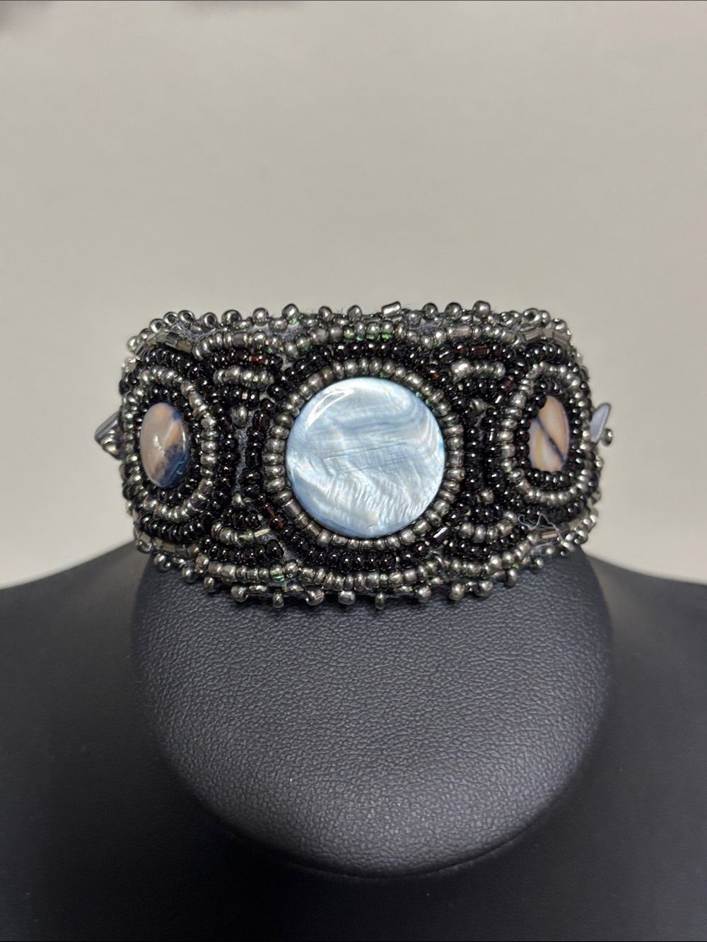 Vintage Handcrafted Black Beaded Leather Bracelet Light Blue Center Stone